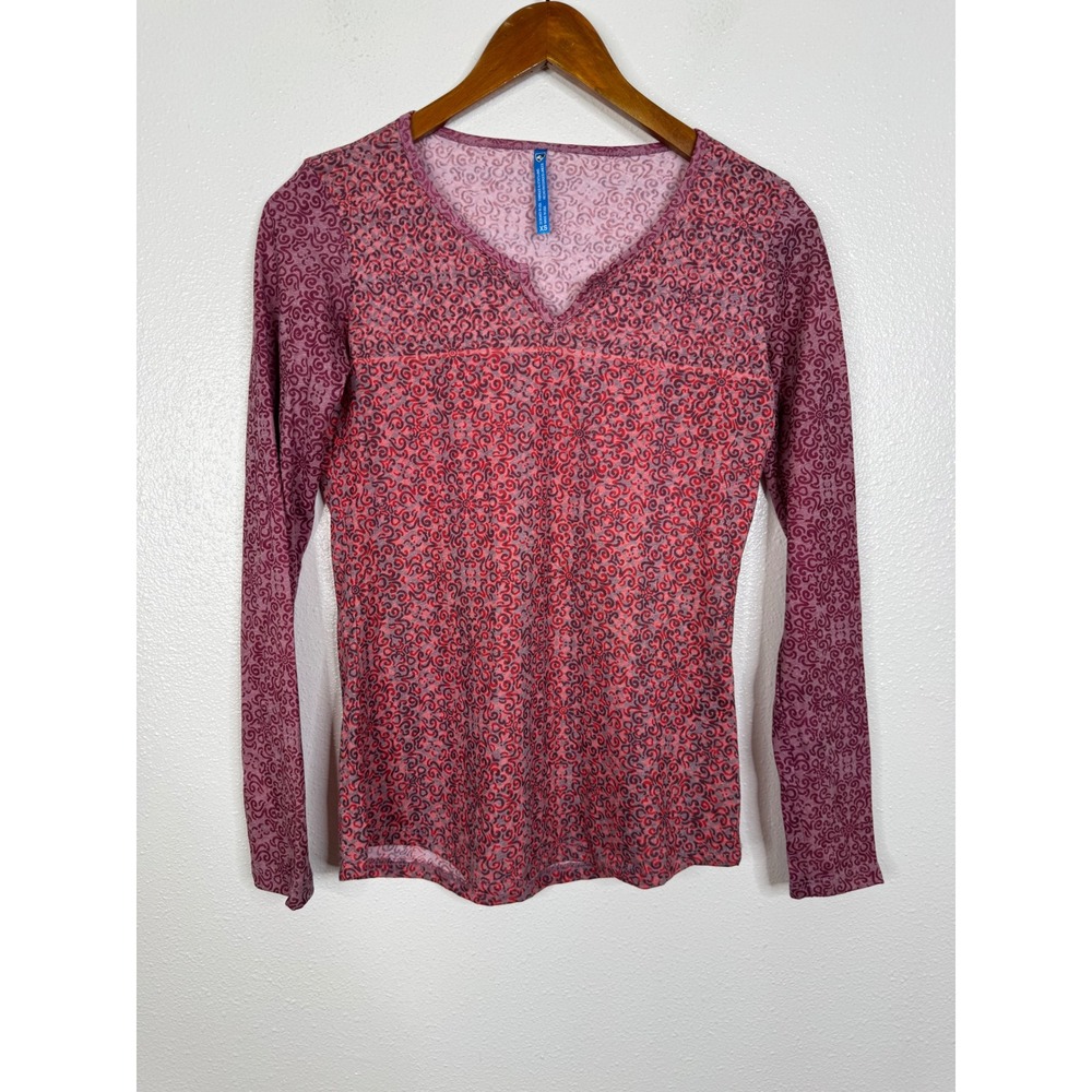 Kuhl Womens XS Long Sleeve Scroll Print Top Pink Purple Split V-Neck USA Made